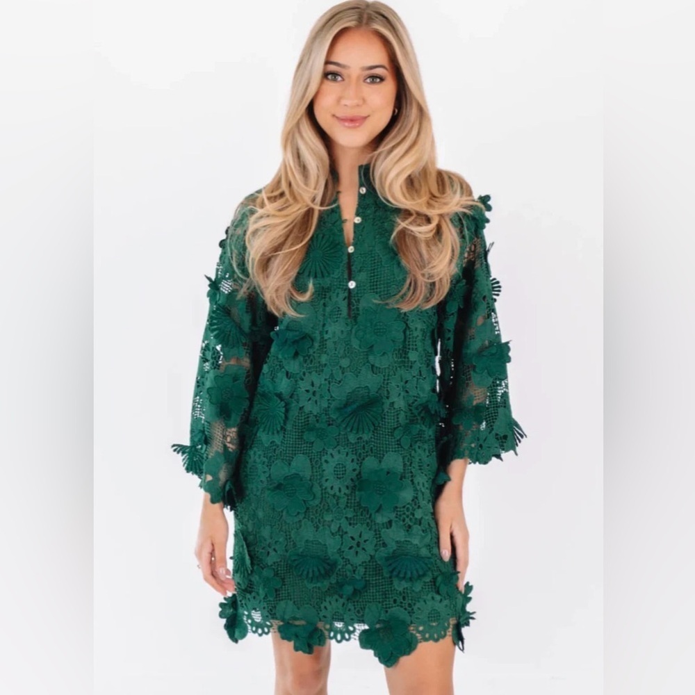 J.Marie Small Seraphina Shift Dress Green Floral 3D Lace 3/4 Sleeve Kaftan NWT